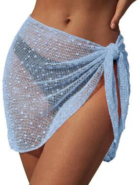 Women Light Blue Polyester Short Crochet Bikini Coverup Skirts Wrap for Swimwear
